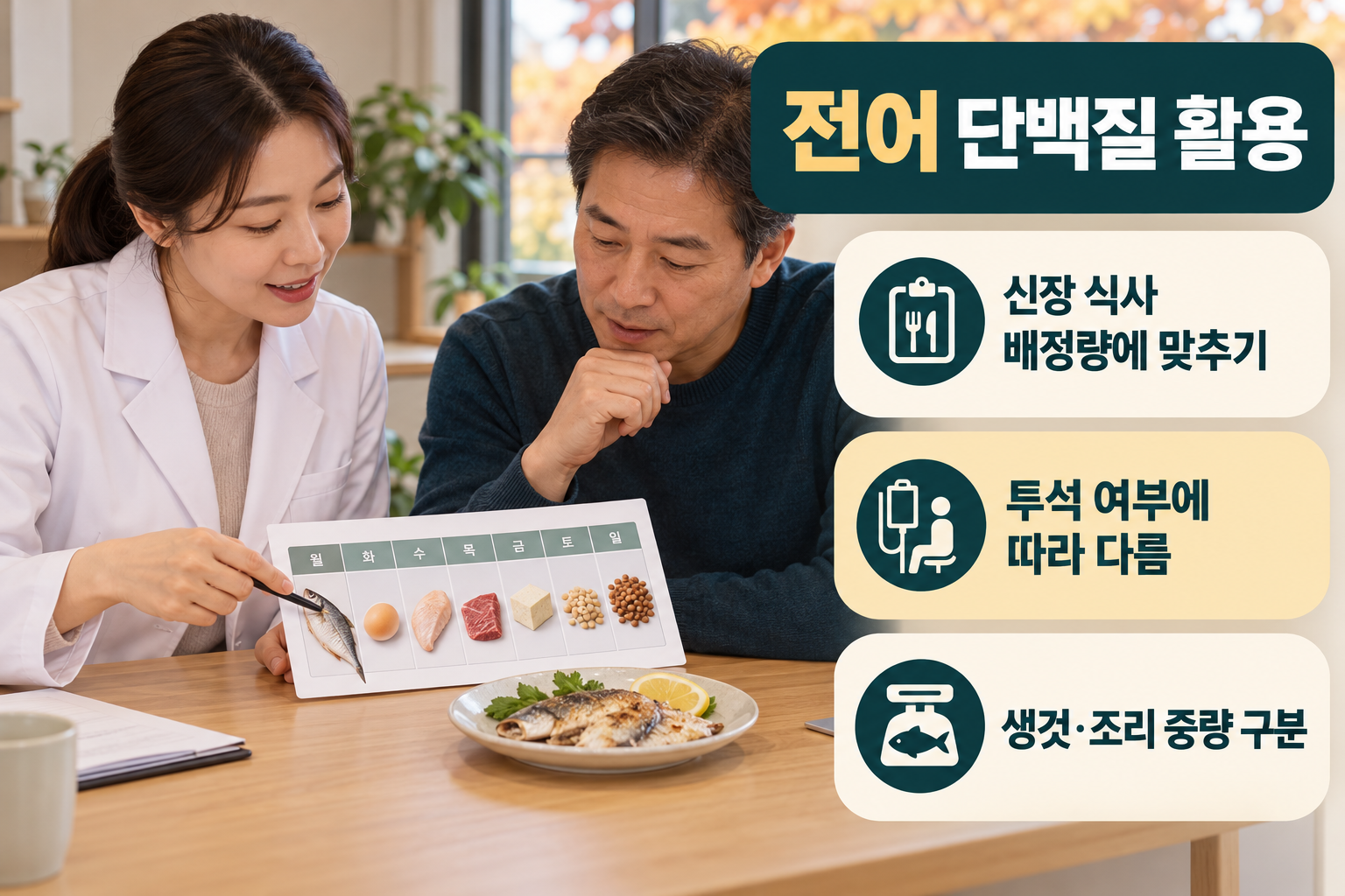전어 &middot; 단백질 반찬으로 넣되 신장 식사의 배정량을 지켜요 실사 인포그래픽