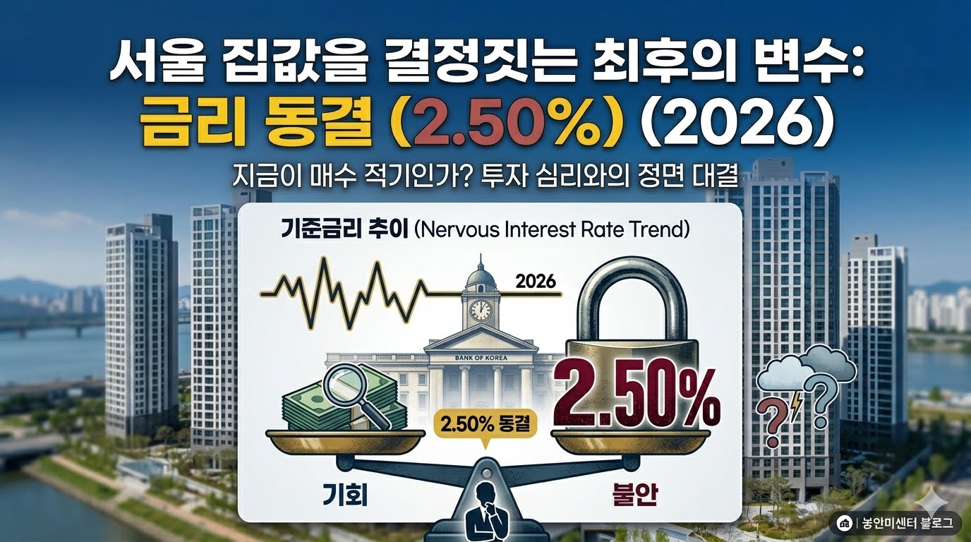 한국은행 기준금리 2.50% 동결과 기회와 불안 사이에서 고민하는 투자자의 심리를 묘사한 저울 이미지