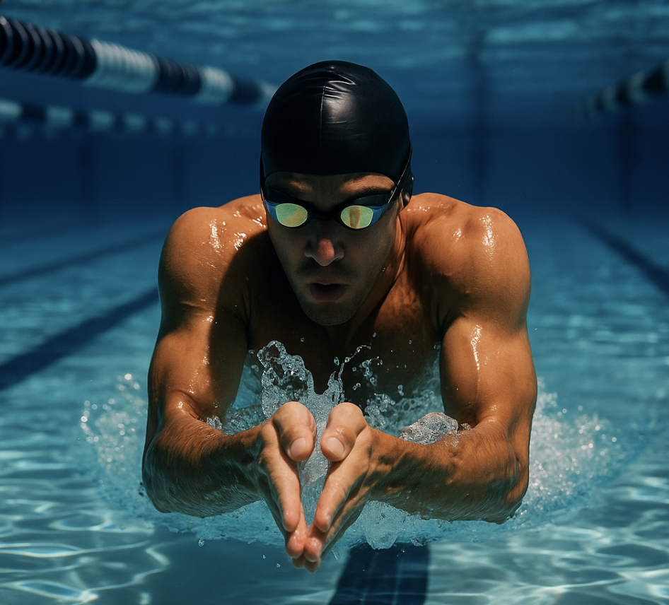 완성도 높은 개구리 킥 동작이 수면 아래에서 추진력을 만드는 순간.