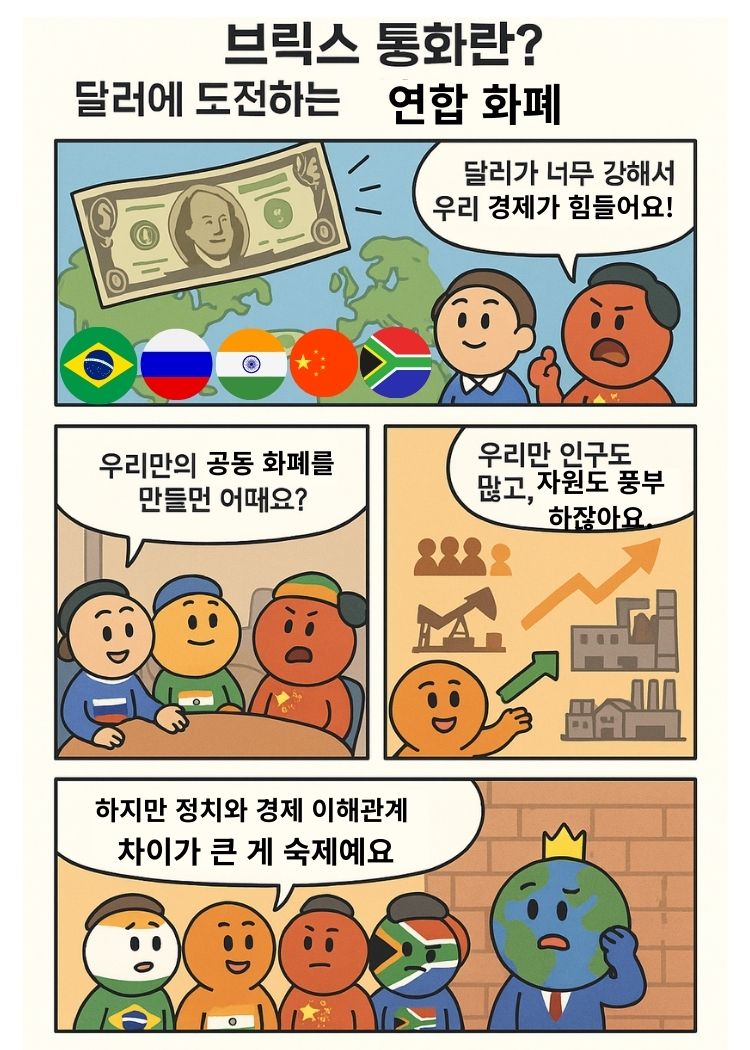 브릭스(브라질, 러시아, 인도, 중국, 남아공) 국가들이 달러 패권에 대응하기 위해 공동 화폐 도입을 논의하는 과정을 4컷으로 표현한 한국어 교육용 만화