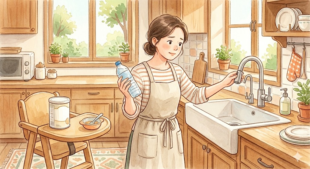 A mother in the kitchen thoughtfully choosing between bottled baby water and a water purifier while preparing infant formula.