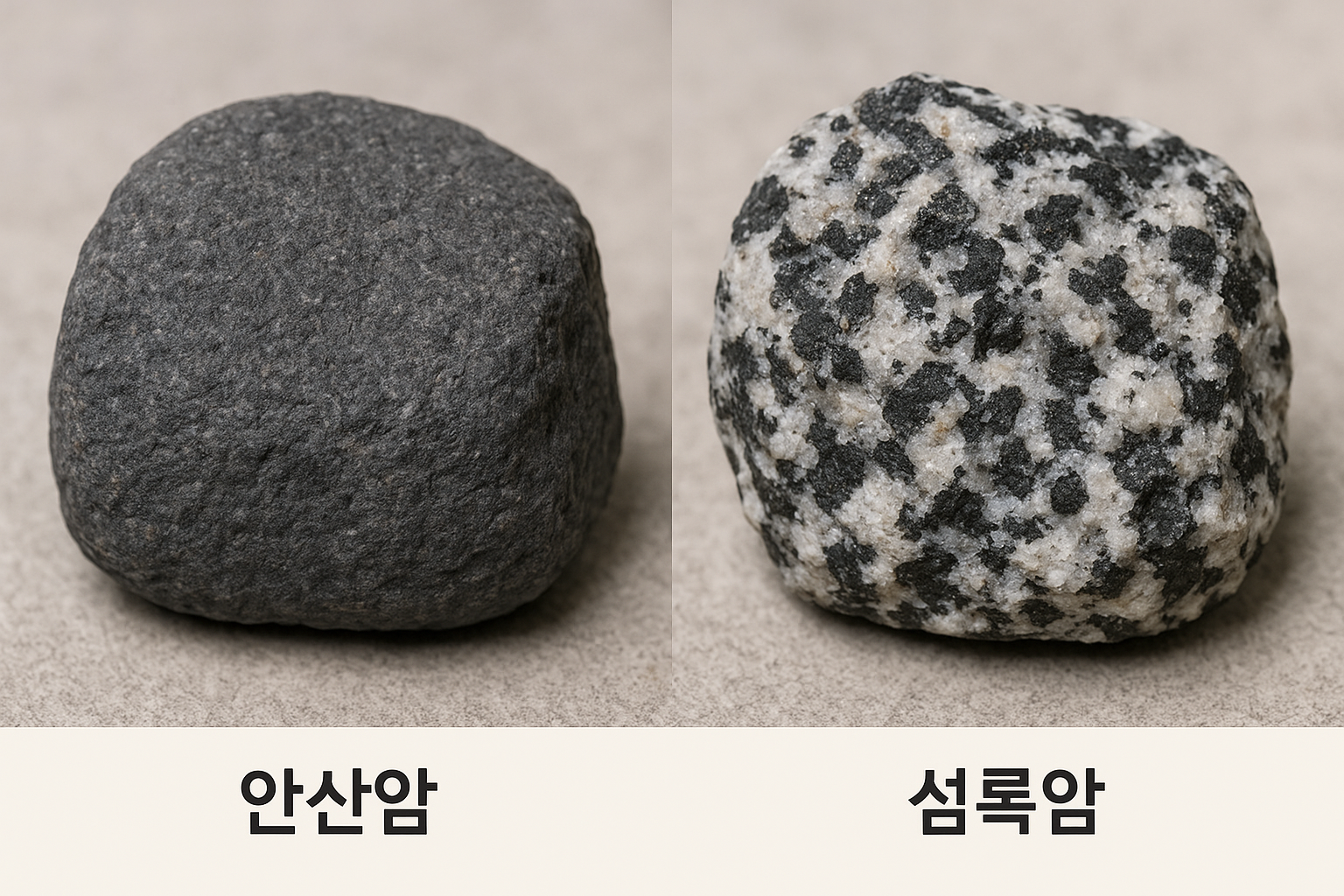 안산암(왼쪽)과 섬록암(오른쪽)의 비교