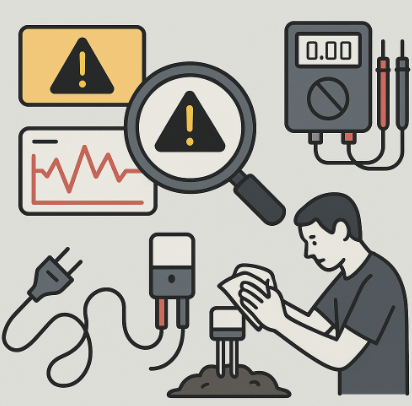 센서 오류 경고 아이콘과 함께 관리자가 토양 센서를 점검하고 전자 측정기를 사용하는 장면 일러스트