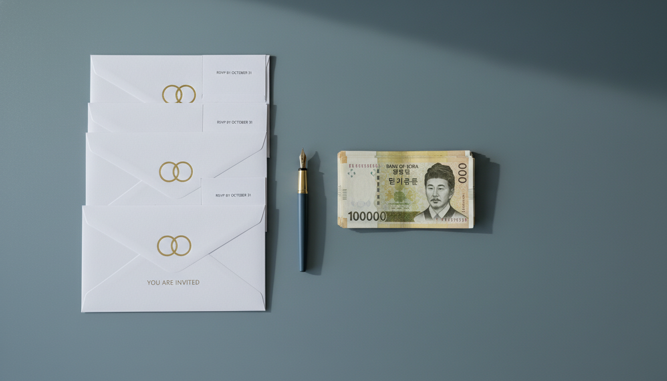 2026년 결혼식 청첩장과 축의금 봉투, 현금이 정갈하게 놓여있는 세련된 책상 위 풍경