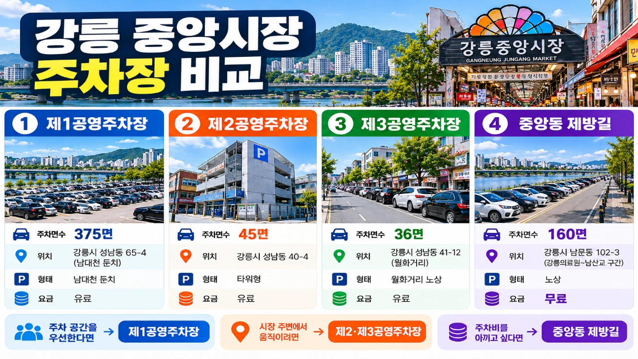 강릉 중앙시장 제1 제2 제3 공영주차장과 중앙동 제방길 무료주차 비교
