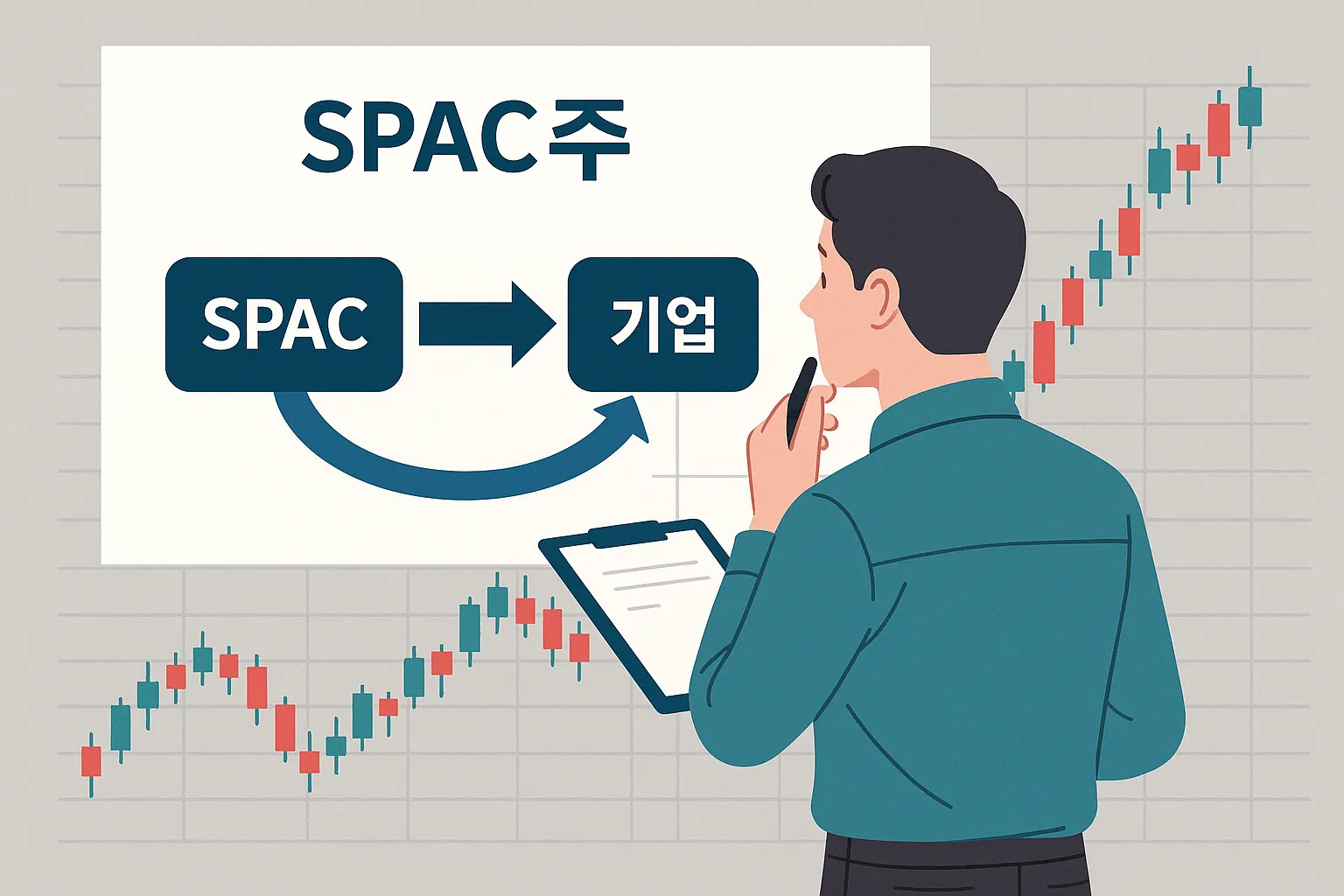 스팩주 흐름을 분석하는 투자자가 차트를 바라보는 일러스트