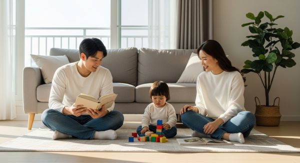 젊은 가족(부부와 어린아이)이 함께 즐거운 시간을 보내고 있다.