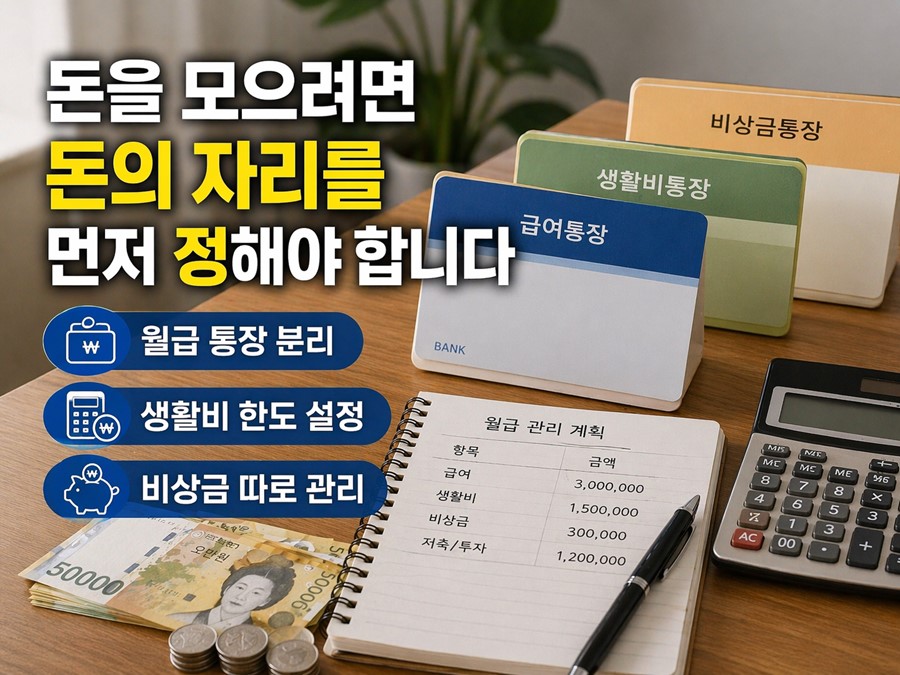 월급 통장, 생활비 통장, 비상금 통장을 나누어 돈의 흐름을 정리하고 생활 속에서 돈을 모으는 습관을 만드는 방법을 보여주는 체크리스트형 이미지입니다.