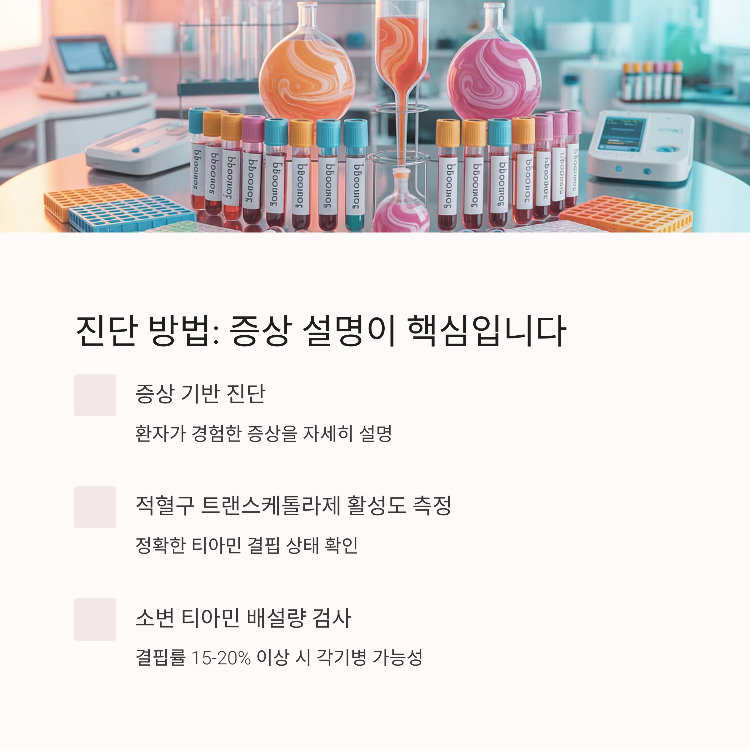 진단 시약과 검사 장비 이미지와 함께 증상 설명, 효소 활성도, 티아민 배설량 검사로 진단 방법을 안내하는 이미지