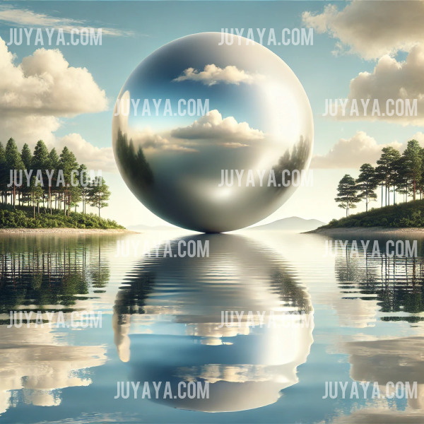 조용한 호숫가에 놓인 거대한 진주&amp;#44; 표면에 하늘과 주변 자연이 반사되어 평화롭고 조화로운 풍경을 연출