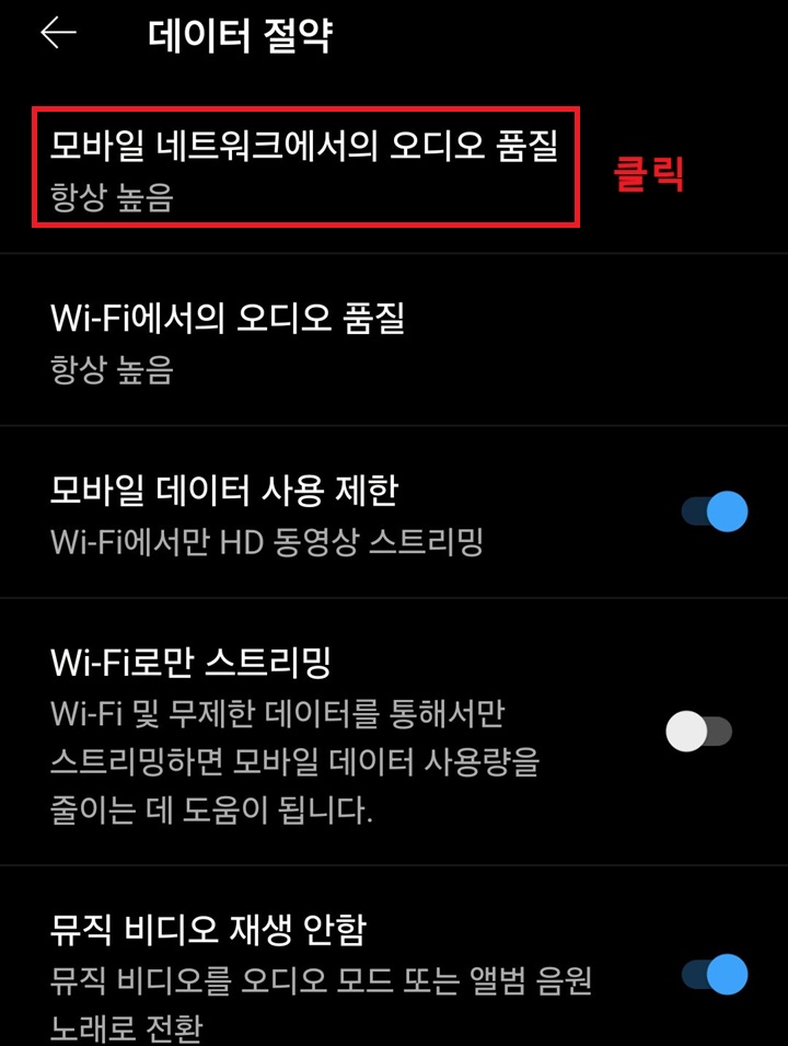 모바일 네트워크에서의 오디오 품질 메뉴를 클릭함
