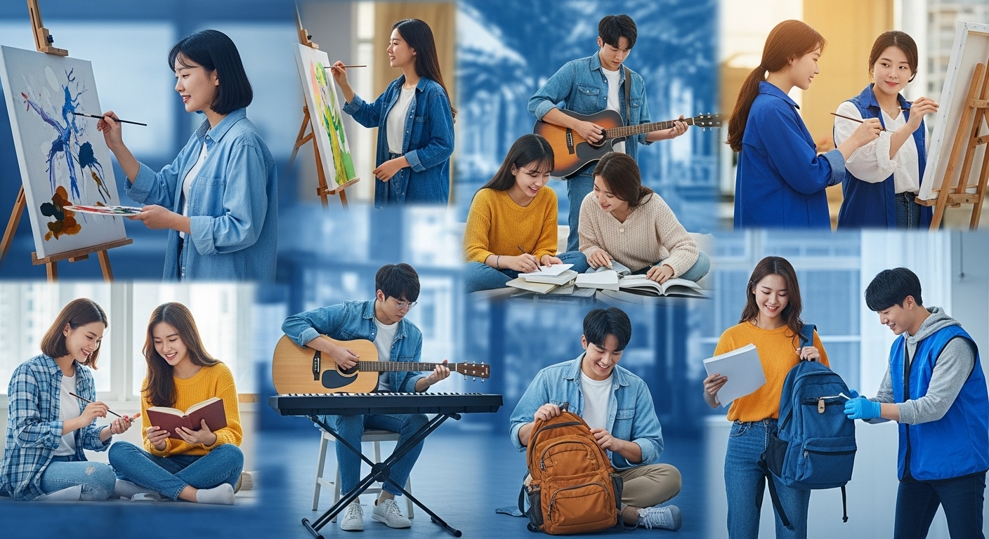 수능 후 해방감에 다양한 활동을 즐기는 젊은이들의 활기찬 모습. 그림을 그리거나 악기를 연주하고, 독서하거나 여행 준비를 하며 새로운 시작을 알리는 장면.