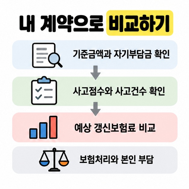 기준금액과 자기부담금, 사고점수와 사고건수 확인에서 예상 갱신보험료 비교로 이어지며 보험처리와 본인 부담을 비교하는 흐름도