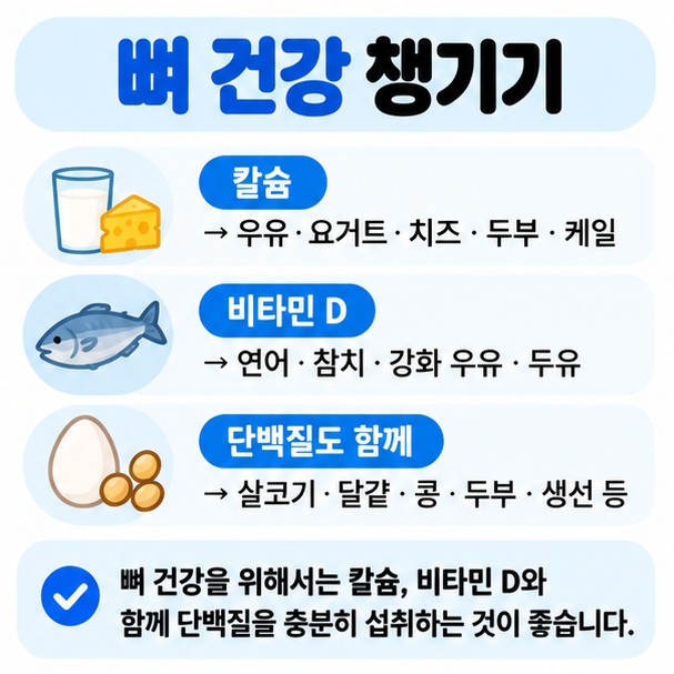 갱년기 뼈 건강을 위한 칼슘 비타민 D 단백질 식품을 정리한 카드뉴스