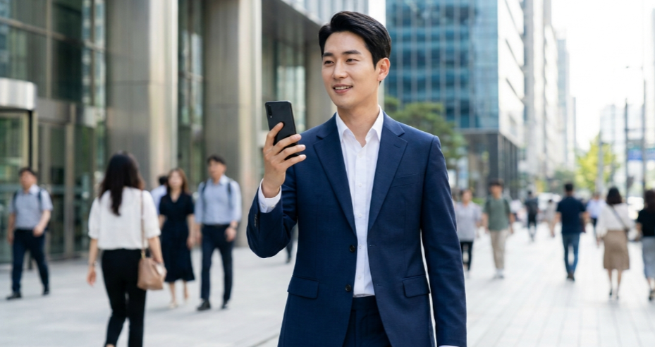 서류 가방 대신 스마트폰 하나로 서류를 전송하며 기뻐하는 청년