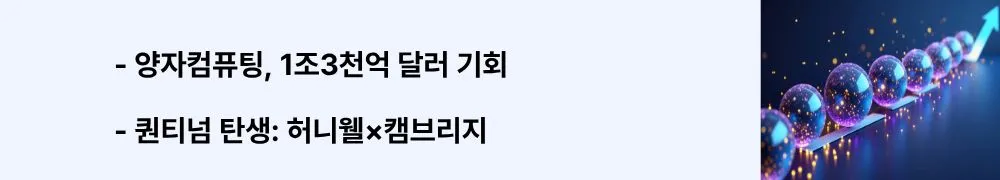양자컴퓨팅, 1조3천억 달러 기회’라는 문구가 포함된 웹배너 이미지. 이 이미지는 시장 규모와 합병 배경을 시각적으로 전달하며, 블로그의 양자 시장·퀀티넘 등장 주제와 관련된 내용을 설명함 (quantum market size, Quantinuum merger, Honeywell, Cambridge Quantum)