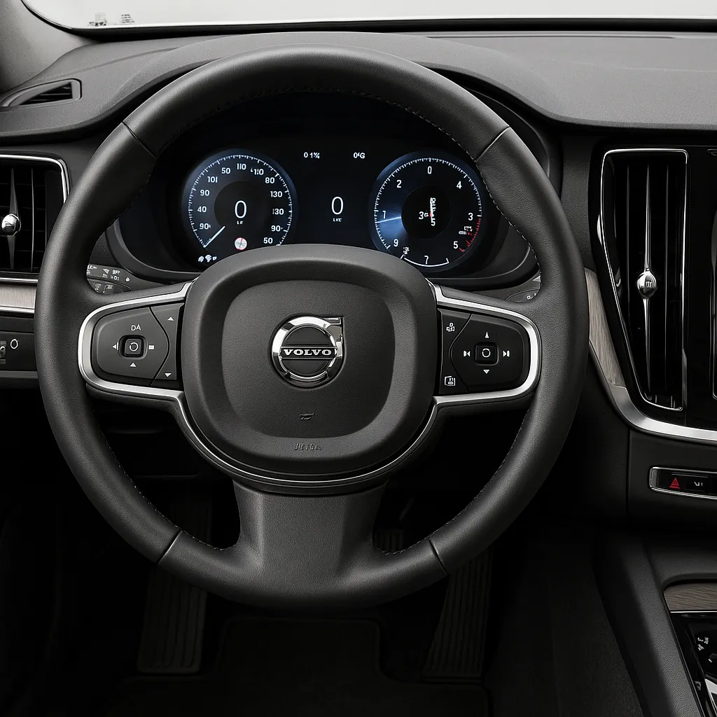 볼보 차량의 운전석 계기판과 스티어링 휠 모습