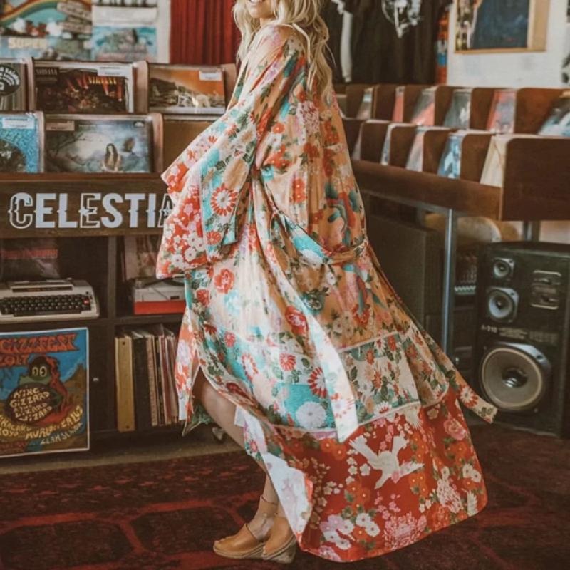 여성 보헤미안 커버업 플라워 롱 로브가디건 바캉스룩