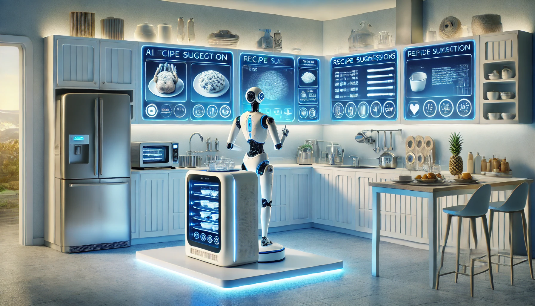 스마트 키친에서 AI 로봇이 요리를 하는 모습