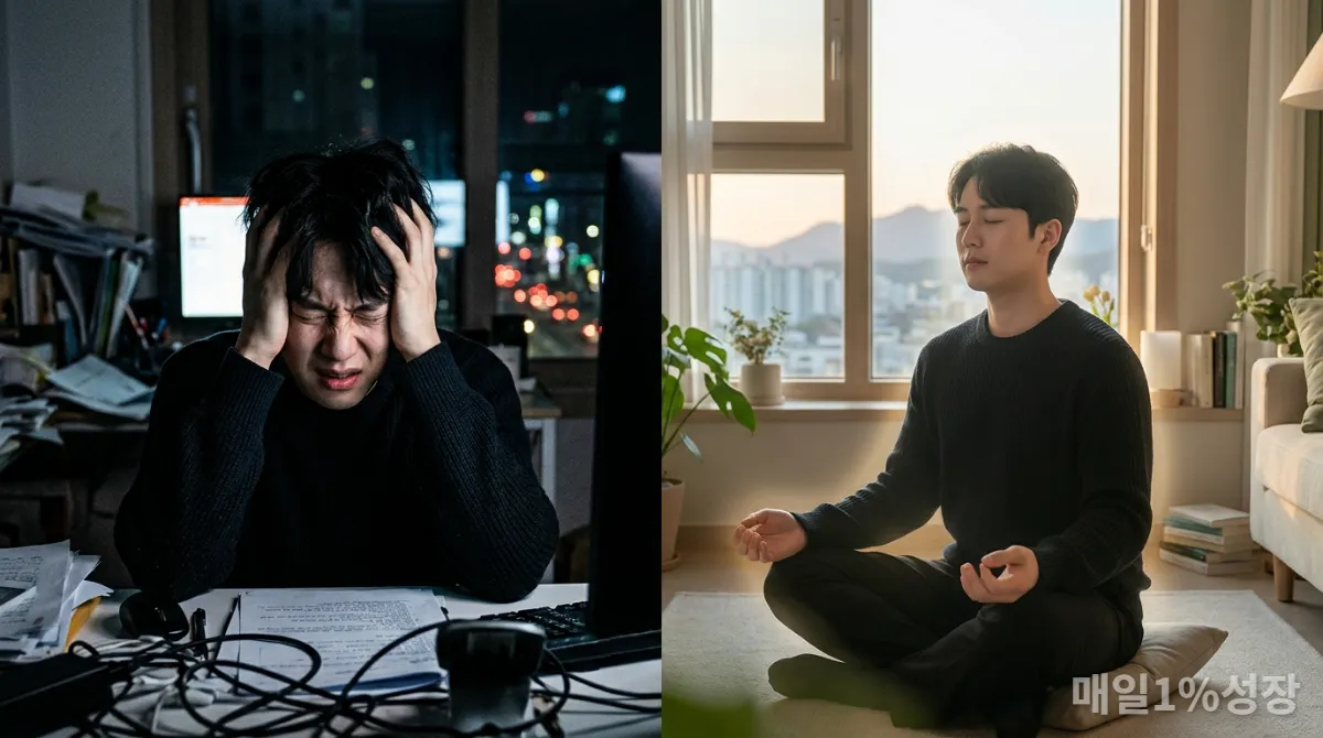 스트레스와 이완 사이에서 고민하는 한국 남성의 모습, 마음 다스리기와 신경계 조절의 대비