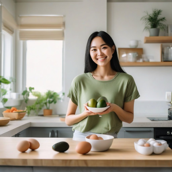1. 밝은 주방에서 아보카도, 달걀, 연어를 담은 그릇을 들고 건강한 다이어트 라이프스타일을 상징하는 한국인 여성