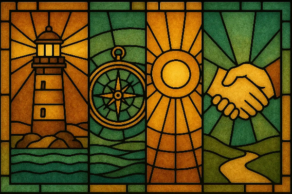 따뜻한 색조의 스테인드글라스 패널처럼 표현된 추상적인 회복 상징 이미지, 감정과 성찰을 은유적으로 담아냄