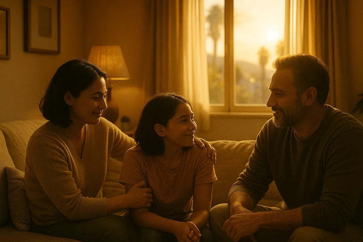 노을 속 따뜻한 가족 대화