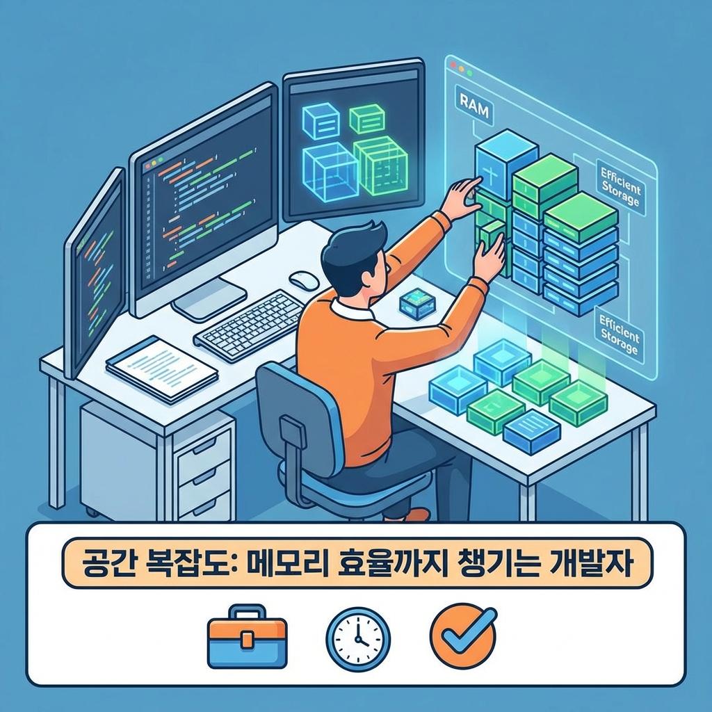 개발자가 모니터 여러 대를 두고 작업하며 RAM 영역에 데이터 블록들을 정교하게 쌓아 올리는 모습을 시각화한 이미지로, 효율적인 저장소(Efficient Storage) 관리와 공간 복잡도의 개념을 설명하는 삽화.