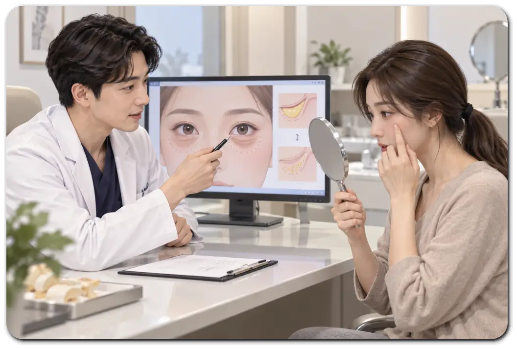 눈밑지방재배치-상담과-거울-확인