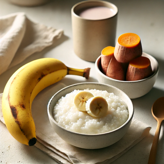 더부룩함 완화를 위한 식단 고구마 바나나 흰쌀죽 이미지