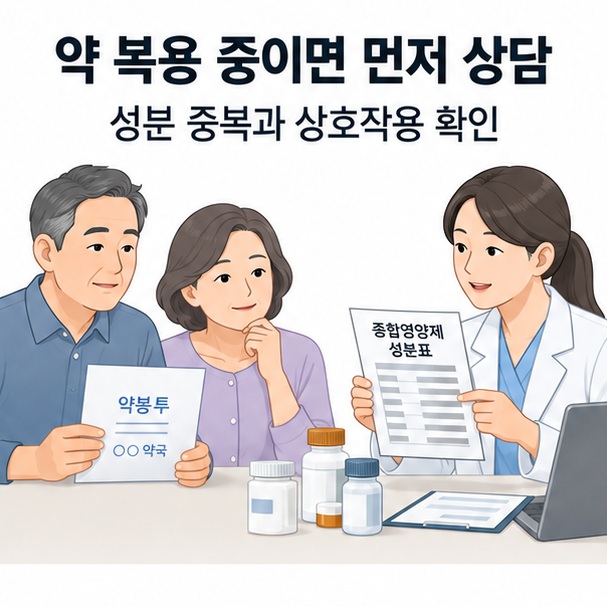 와파린 등 복용 약과 종합영양제 성분의 상호작용 확인을 안내하는 이미지