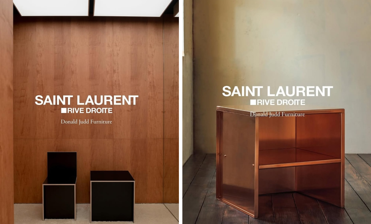 생로랑 리브 드와 매장 내부, 도널드 저드 협업 블랙 미니멀리즘 가구 전시 모습과 생로랑X도널드 저드 협업 리미티드 가구, 메탈릭 브론즈 체어 디자인 전시컷