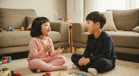 딸과 아들이 나란히 앉아 대화 나누는 모습