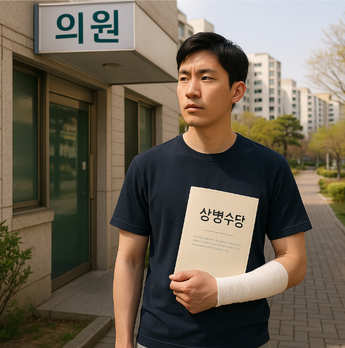 깁스를 한 남성이 진료 후 서류를 들고 있는 모습