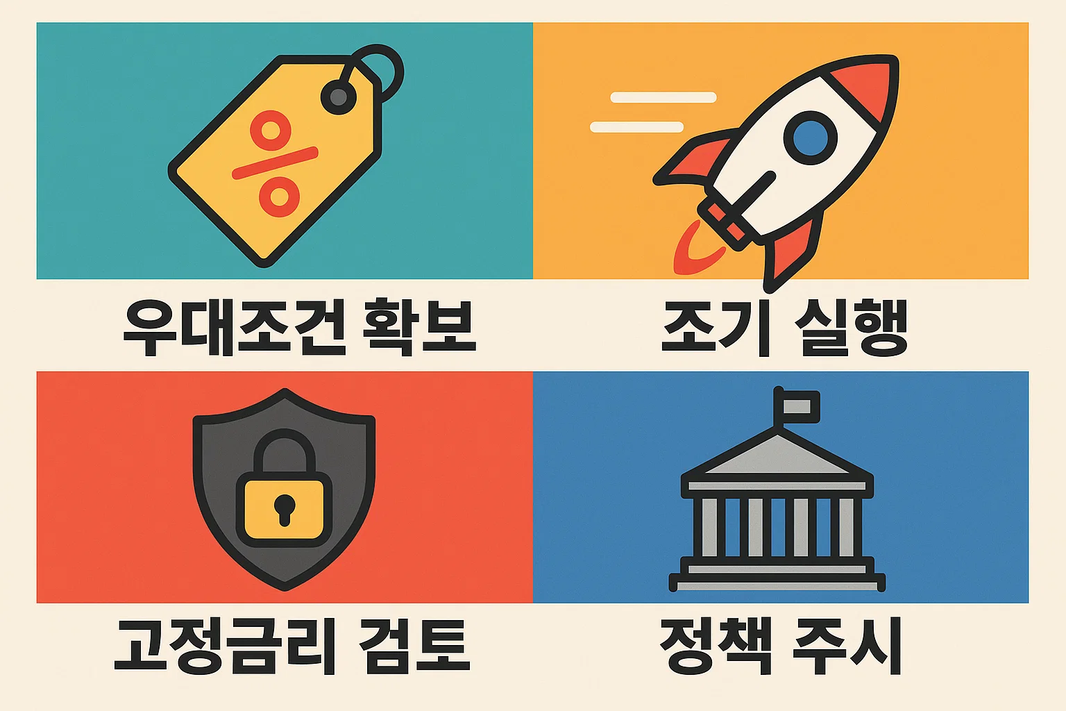 버팀목 전세자금대출 금리 변화에 대비하기 위해 우대조건 확보, 조기 실행, 고정금리 검토, 정책 주시 등 실천 가능한 전략을 담은 인포그래픽 이미지입니다.