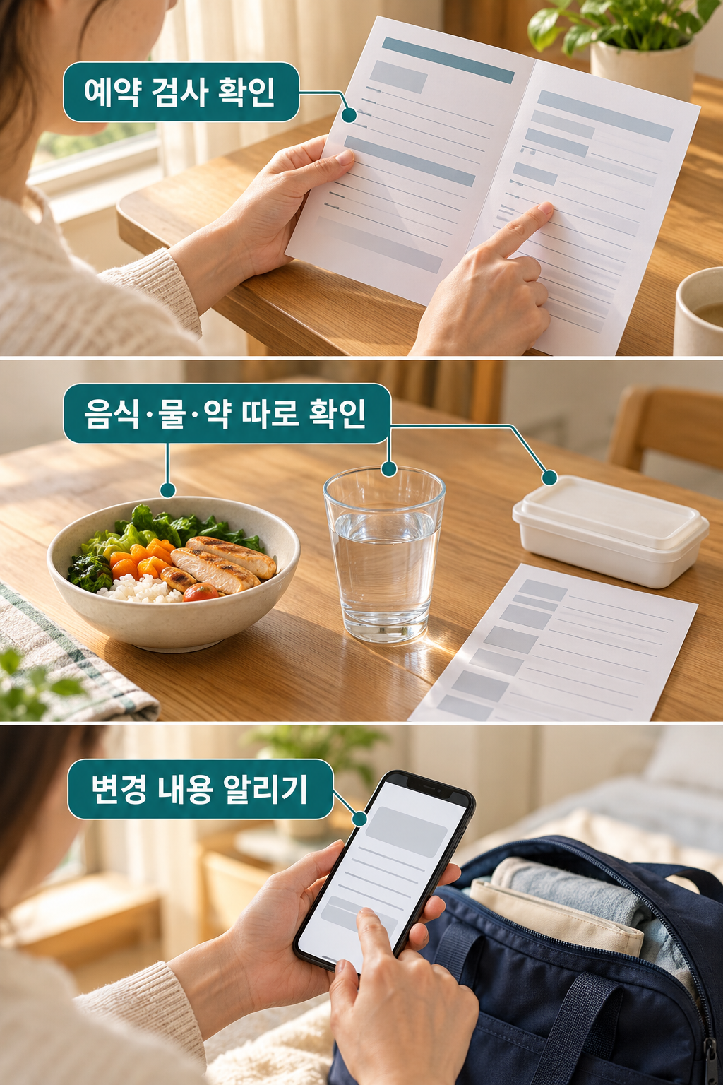 안내문과 약 목록, 귀가 준비를 함께 정리한 책상