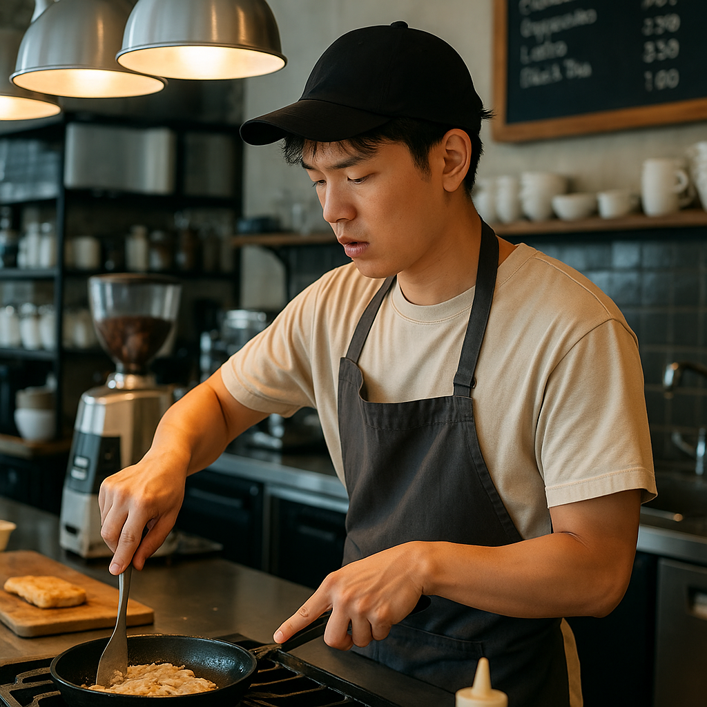 카페 주방에서 일하는 젊은 직원의 바쁜 모습