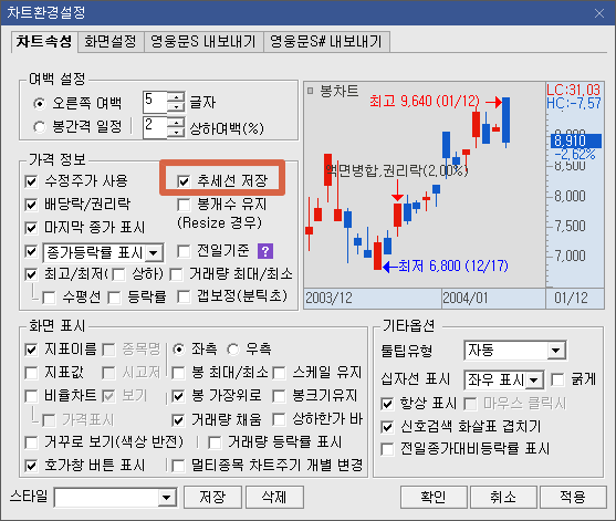 영웅문 추세선 저장하는 방법- 차트환경설정화면