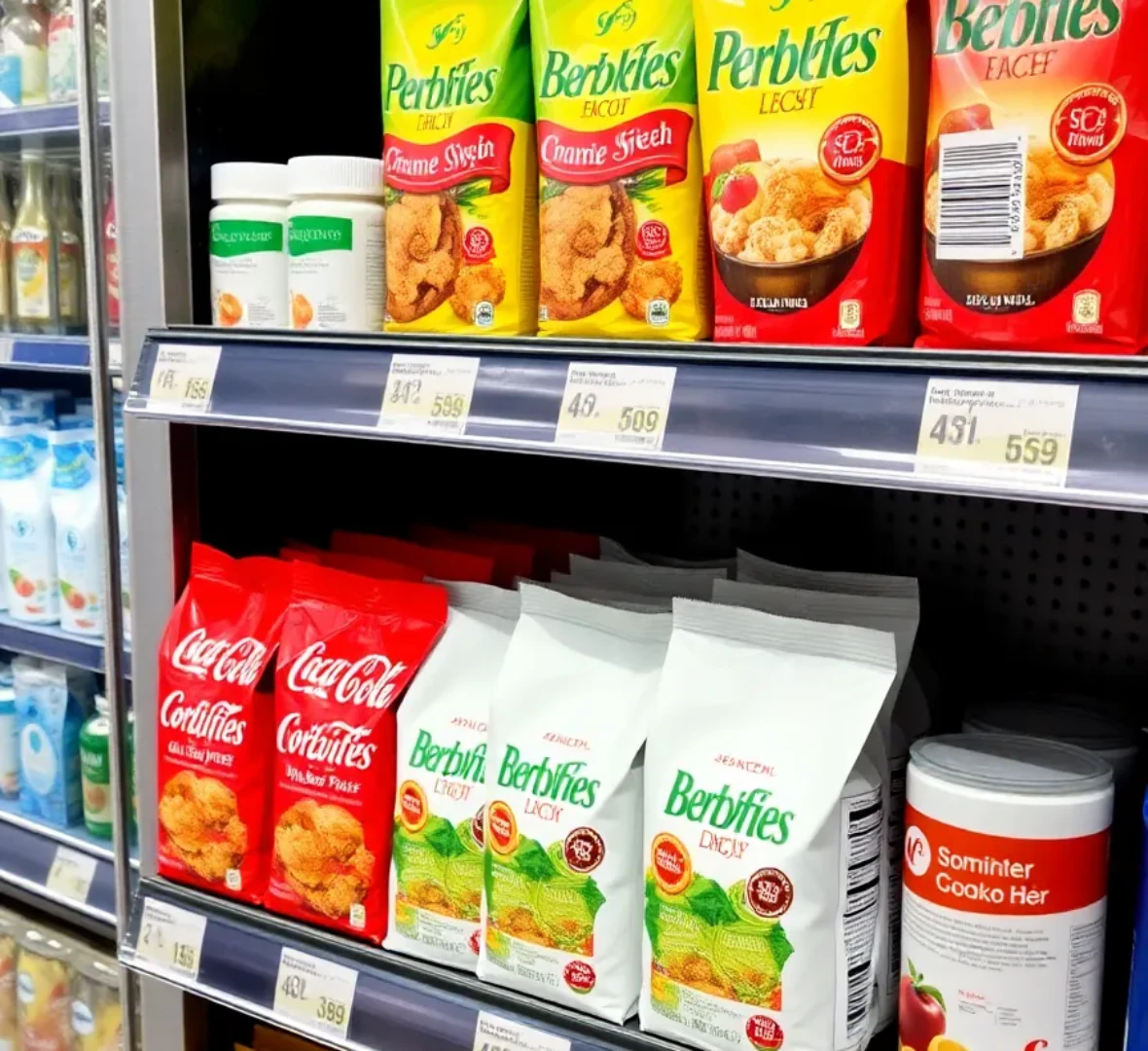 마트에 식료품들이 진열되어 있다