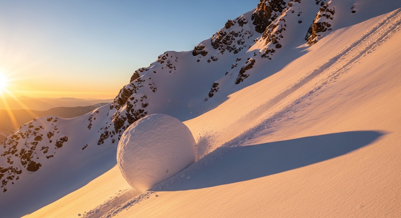 A snowball symbolizing the compound interest effect rolling down a mountain slope and getting bigger.