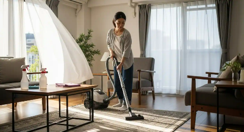 마루 카펫을 전기 청소기로 청소하고 있는 가정주부 모습