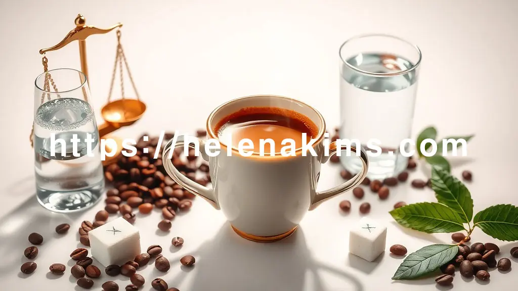 깔끔하고 밝은 배경 중앙에 따뜻하게 김이 모락모락 나는 커피잔이 놓여있다. 잔 주위로 균형을 상징하는 저울, 물방울이 맺힌 물잔, 신선한 원두콩, 설탕 X 표시, 그리고 잎사귀 등 건강 커피 레시피를 나타내는 아이콘들이 조화롭게 배치되어 있는 이미지.