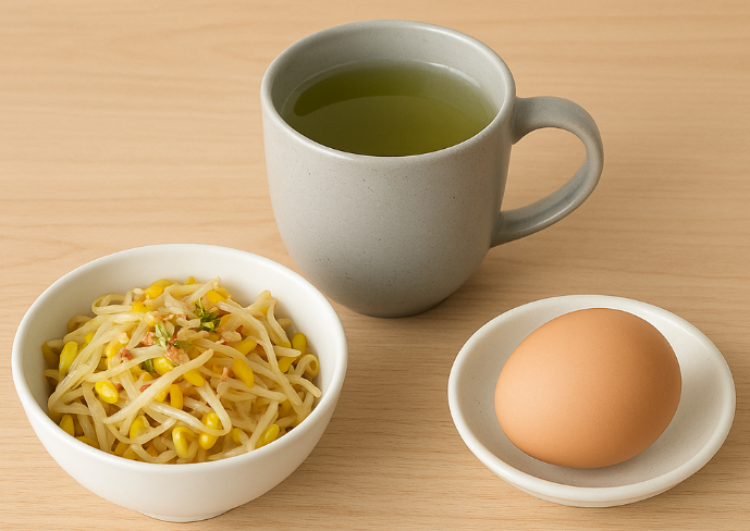 녹차, 콩나물, 계란 사진