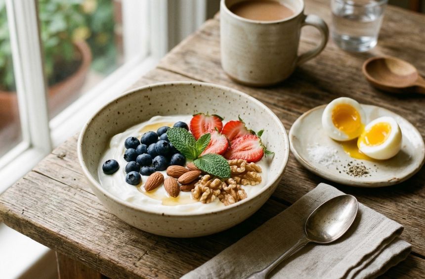혈당 관리 아침 식사로 좋은 요거트, 삶은 계란, 아몬드, 블루베리