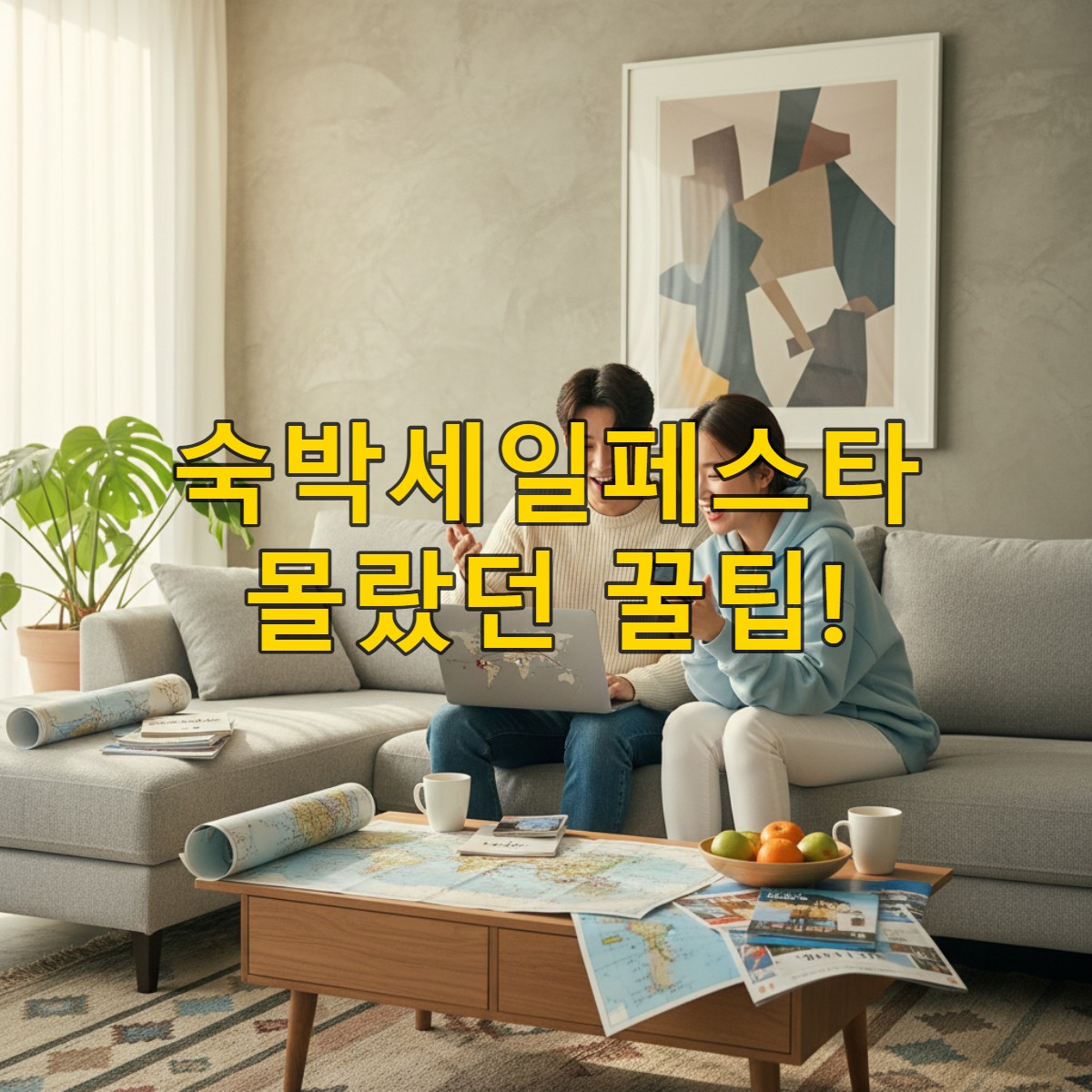 2026년 숙박세일페스타의 숨겨진 지역별 혜택을 찾아보고 있는 한국인 커플의 모습