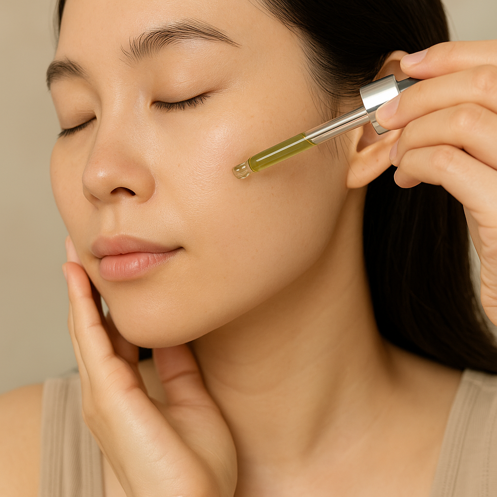 쑥 토너 또는 앰플을 피부에 바르는 여성의 클로즈업 컷