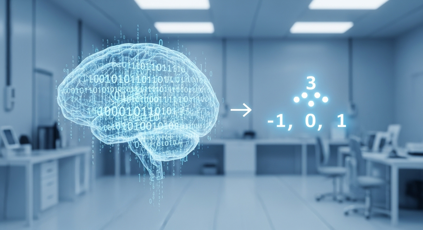 복잡한 2진법 코드에서 단순화된 3진법 구조로 진화하는 로봇의 인공지능 두뇌를 시각화한 이미지