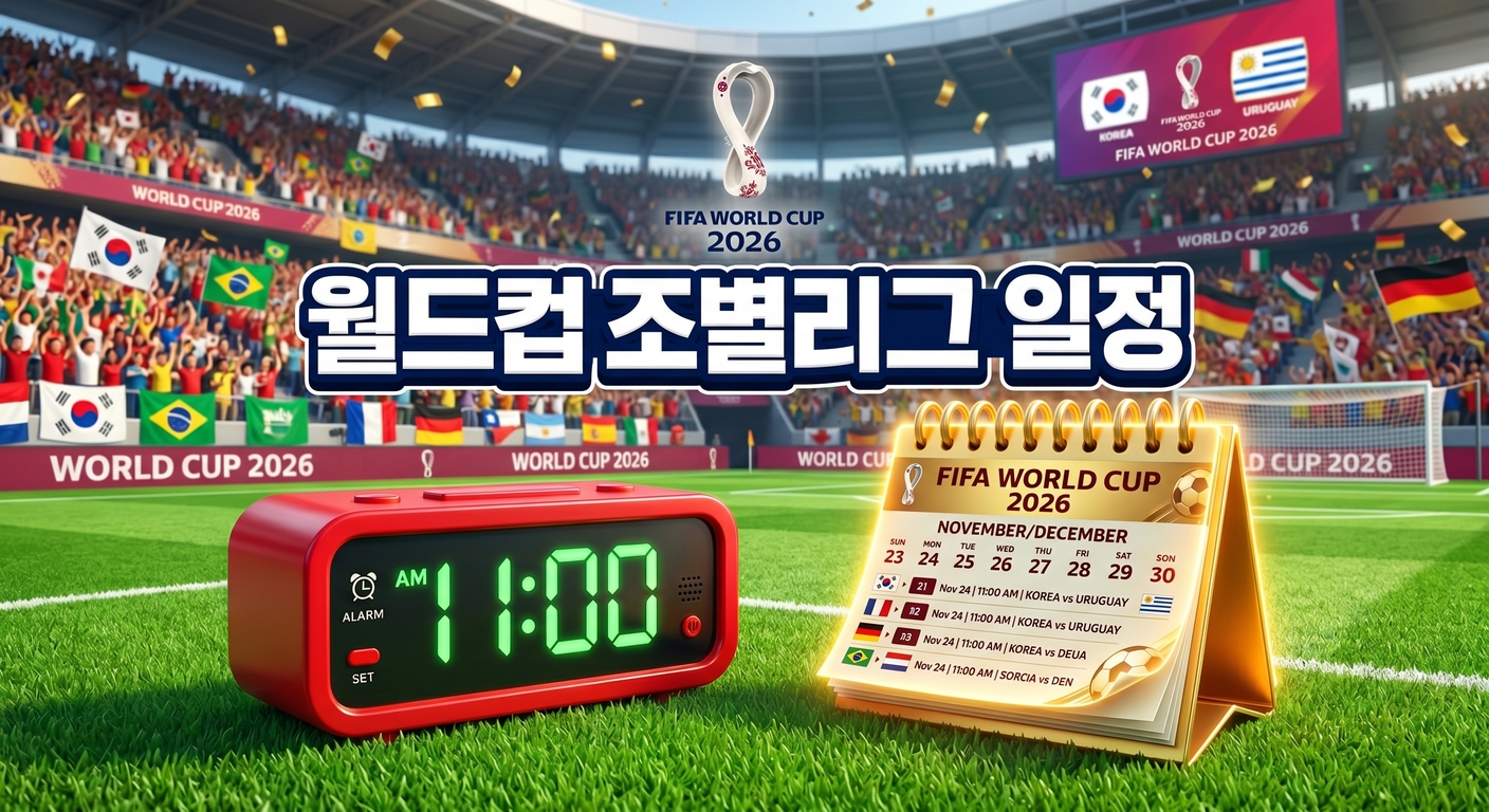 푸른 축구장 위에 오전 11시를 가리키는 붉은색 디지털 알람시계가 단단히 놓여 있고 그 옆에 황금빛 달력이 빛나는 3D 일러스트 배경에, 짙은 그림자와 외곽선으로 선명하게 강조된 '월드컵 조별리그 일정'이라는 한글 문구가 중앙에 적힌 이미지