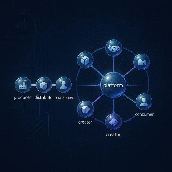 플랫폼 중심 경제 구조 인포그래픽. 생산자, 유통자, 소비자에서 크리에이터와 플랫폼 중심 구조로의 변화 시각화