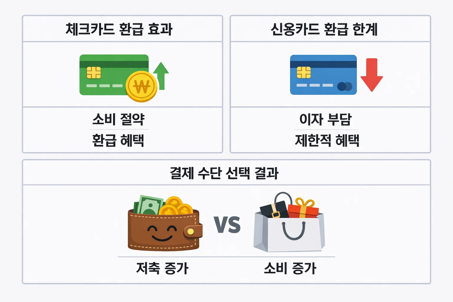 카카오뱅크 체크카드 환급 효과와 신용카드 환급 한계를 비교하고, 결제수단 선택에 따른 저축&middot;소비 변화를 시각적으로 보여주는 이미지